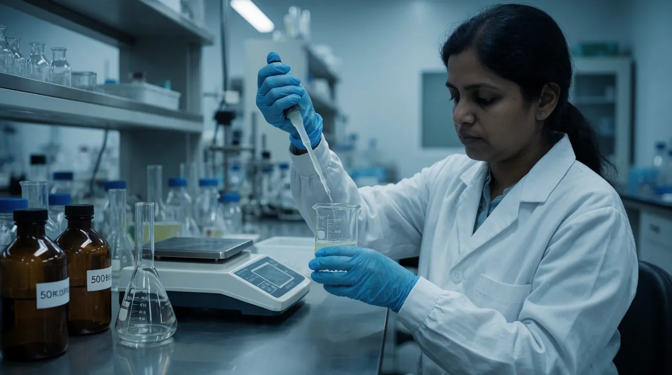 A laboratory scientist adjusting a blend at the bench, with precision balance and labelled stock bottles