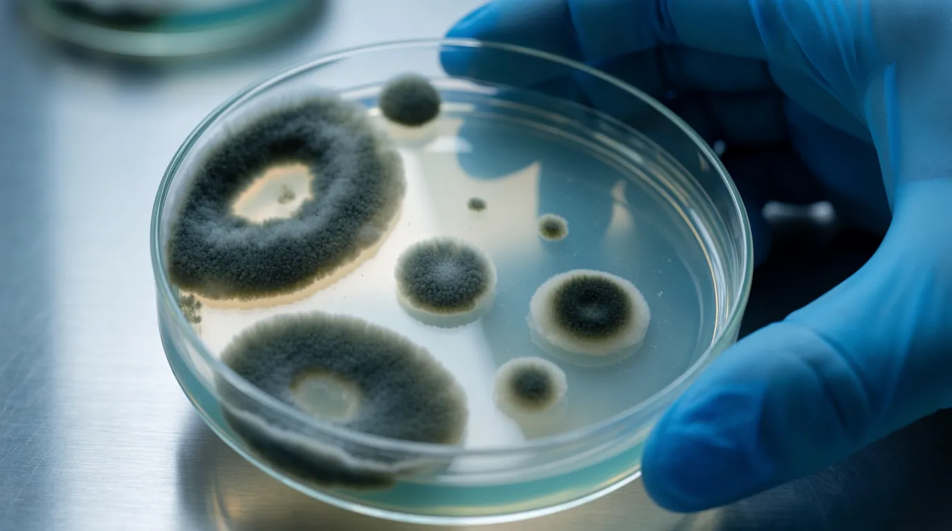 Mould colonies growing on agar in a petri dish held by a gloved laboratory hand