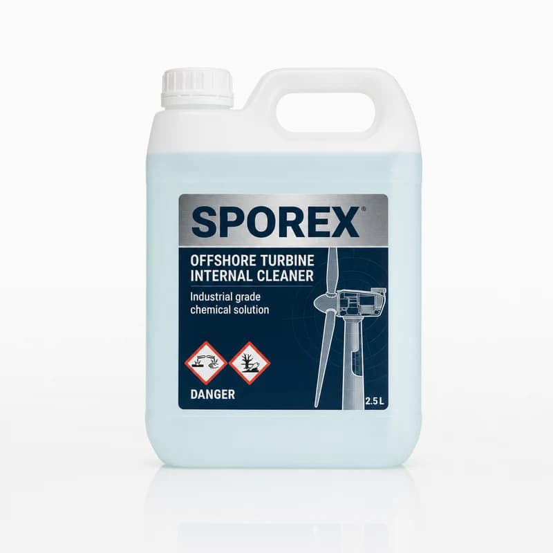 Sporex 2.5 litre container of TurbineClean antimicrobial cleaner concentrate